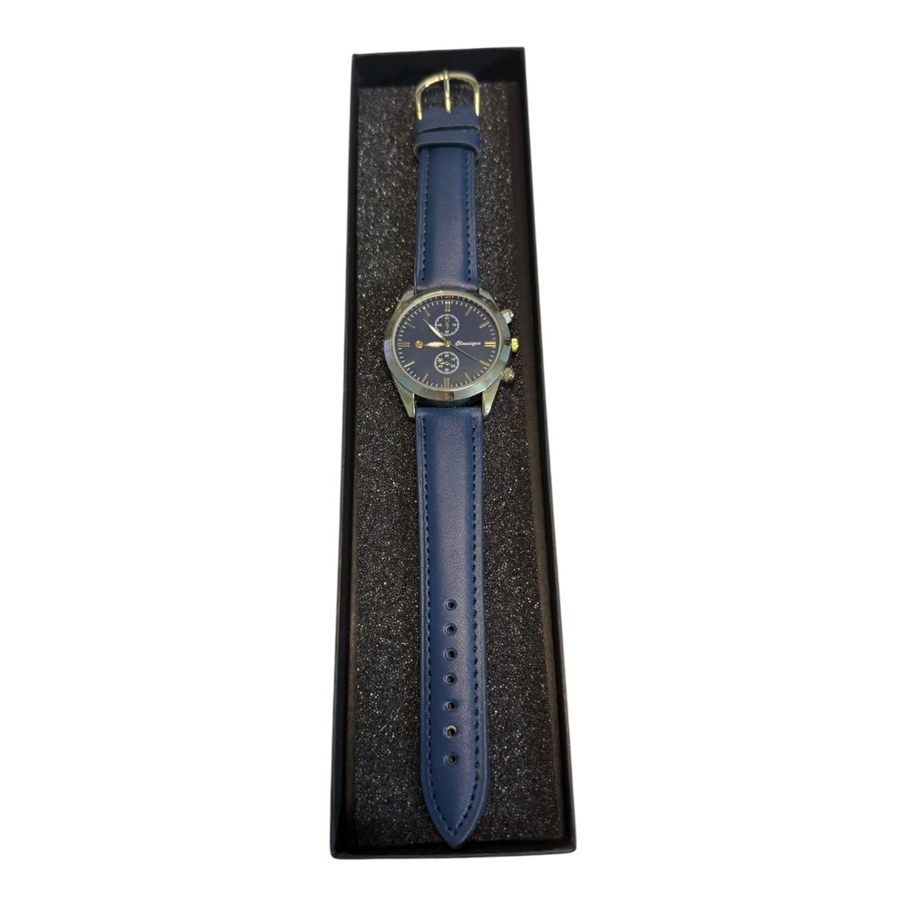 Classique Mens Watch Navy Blue Leather Strap Stainless Steel Chronograph Style